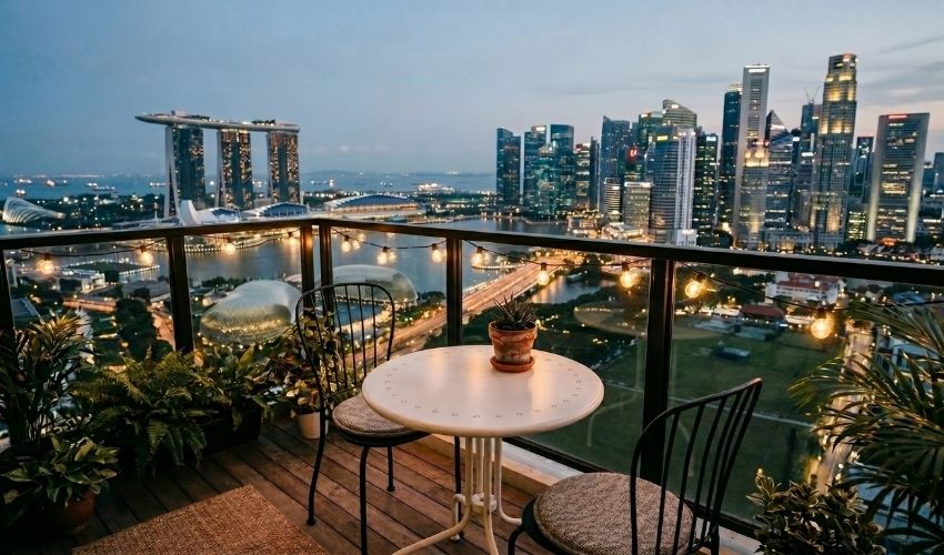 Singapore condo balcony set up as an al-fresco dining corner with bistro table and string lights