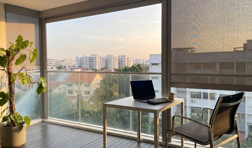 HDB balcony converted into a work-from-home nook with outdoor desk and ZIPSCREEN blind