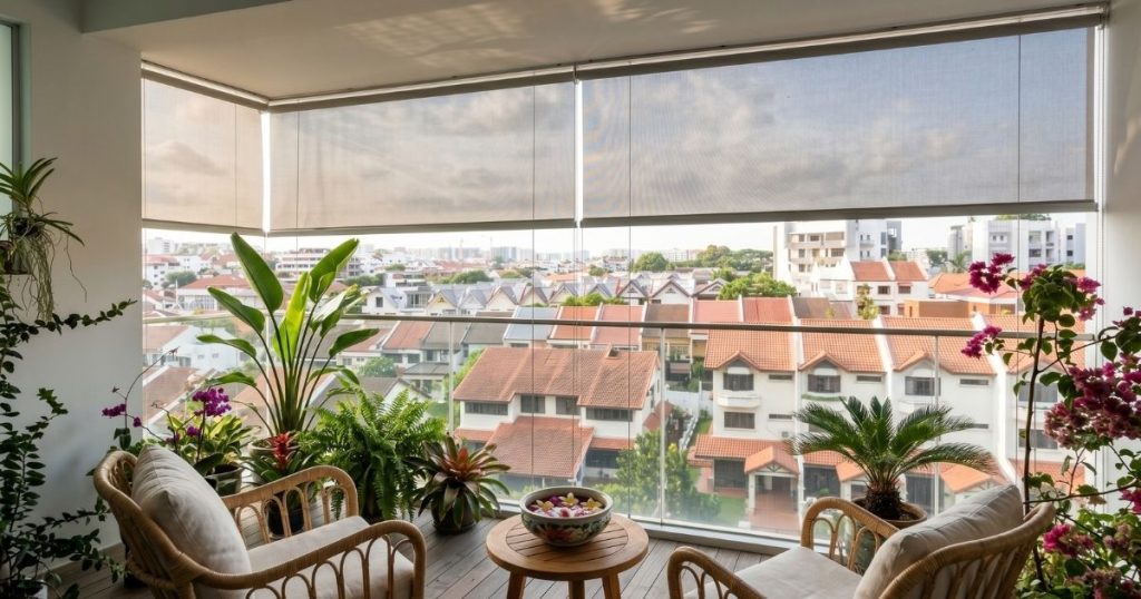 Full-width outdoor roller blinds installed on a Singapore condo balcony with panoramic city view and dining setup