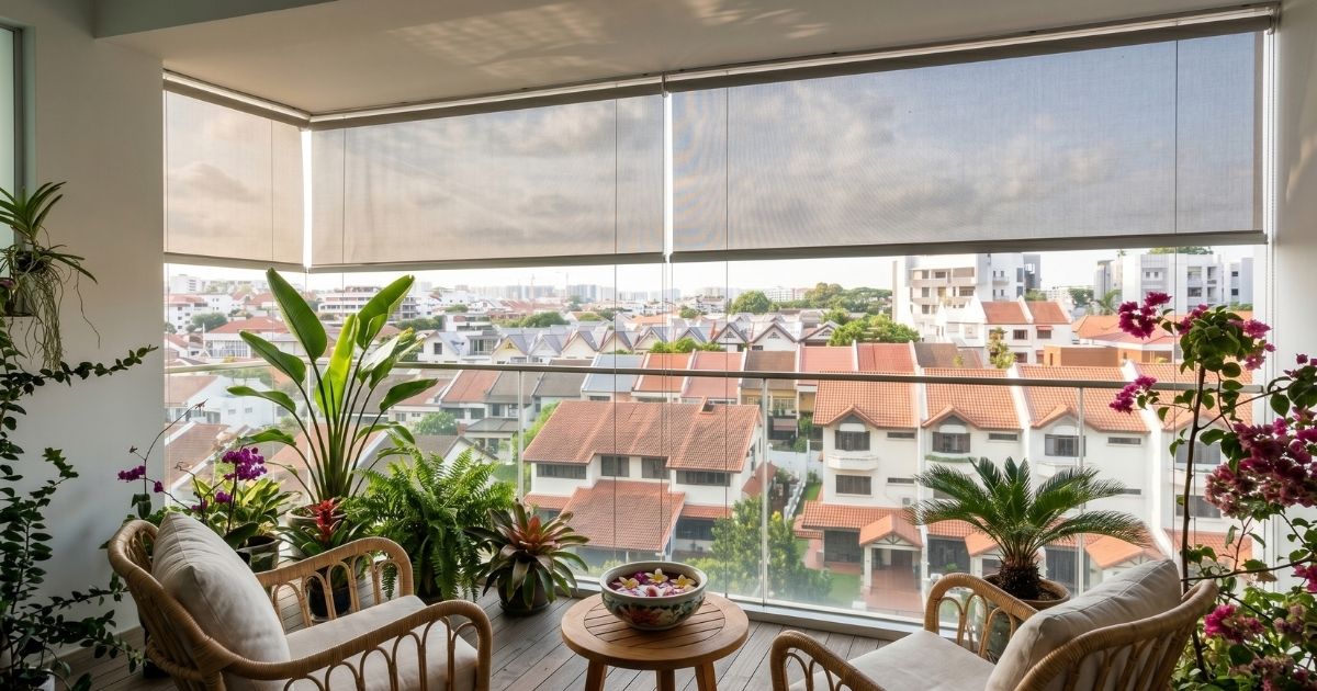 Full-width outdoor roller blinds installed on a Singapore condo balcony with panoramic city view and dining setup