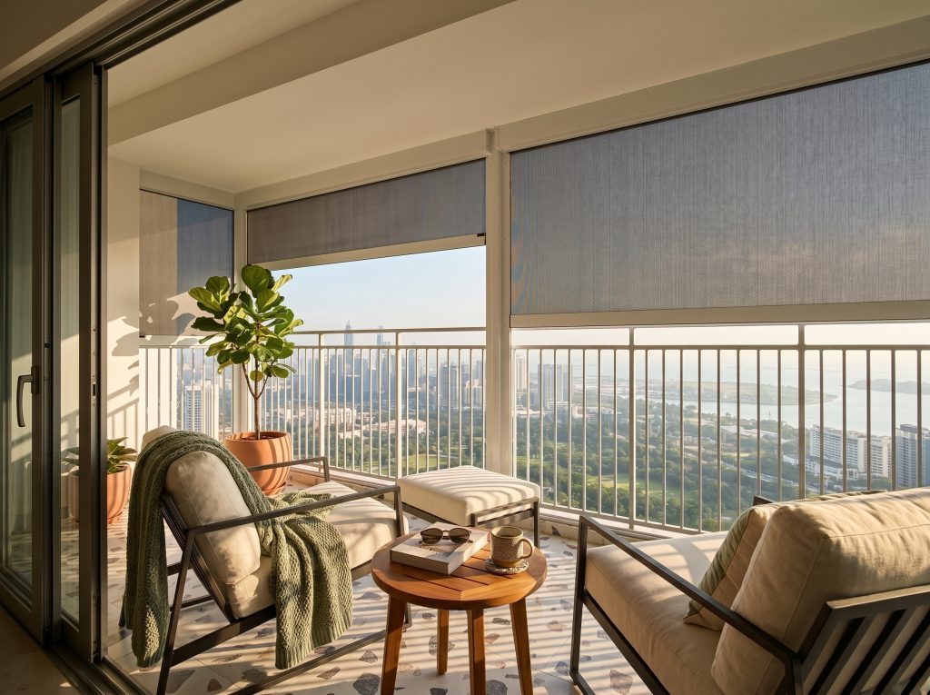 ZipScreen outdoor blinds on a high-rise balcony in Singapore providing wind resistance and UV protection.