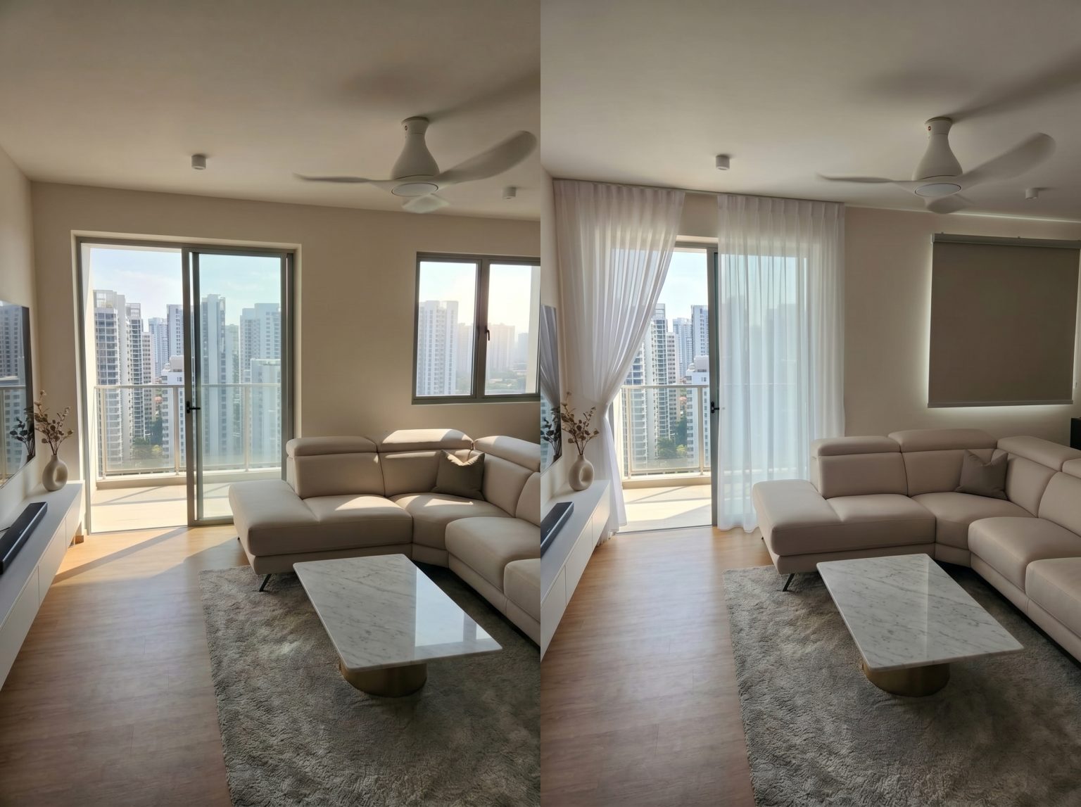 Sheer curtains and blackout blinds providing elegant sunlight protection in a bright modern living room in a Singapore condo.
