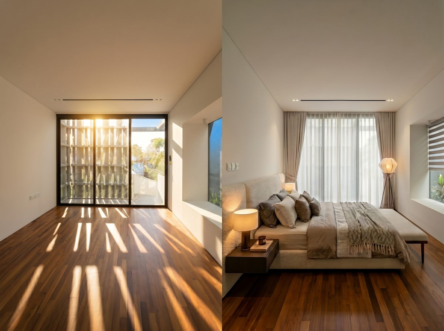 Large bedroom windows featuring curtains and blinds for total privacy and effective heat control.