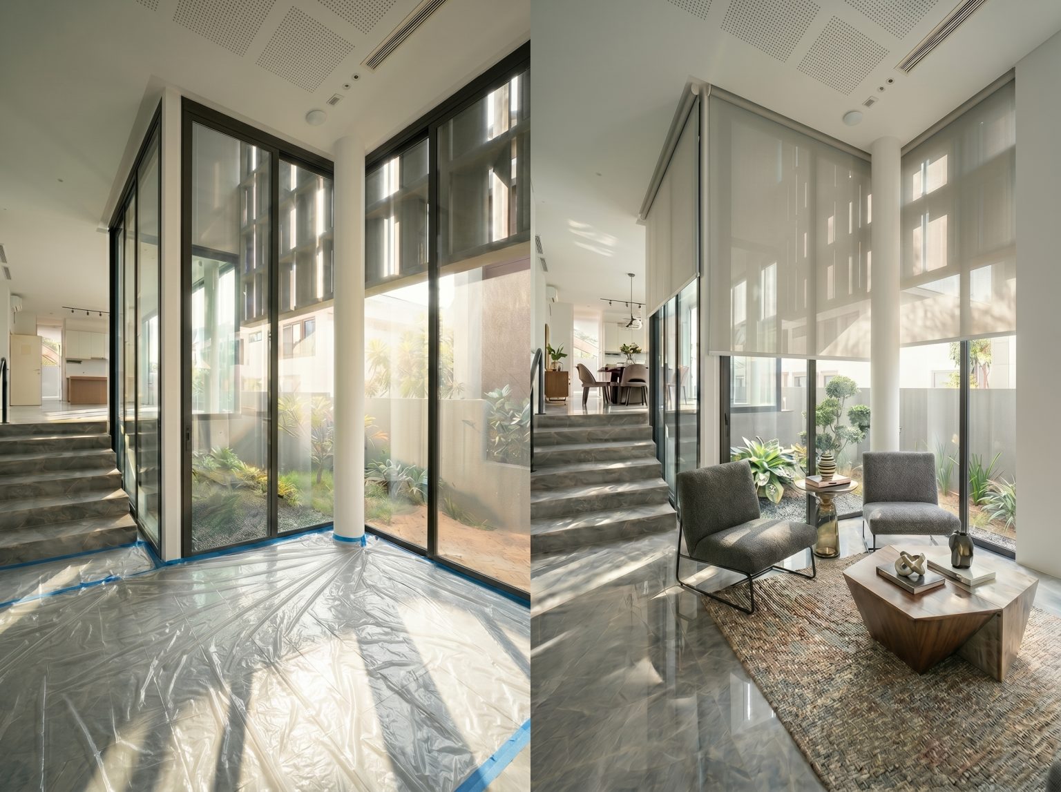 High-ceiling living area with roller blinds for glare protection and sunlight protection in a Singapore home.