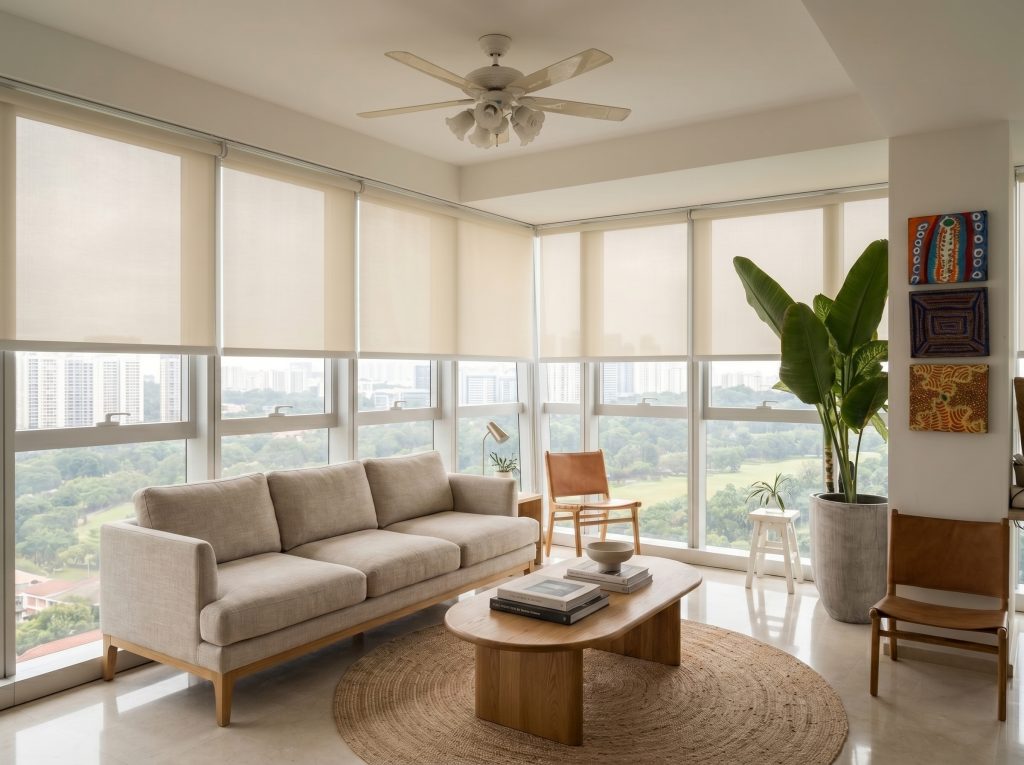 Custom indoor roller blinds installed in a modern Singapore living room for light control.