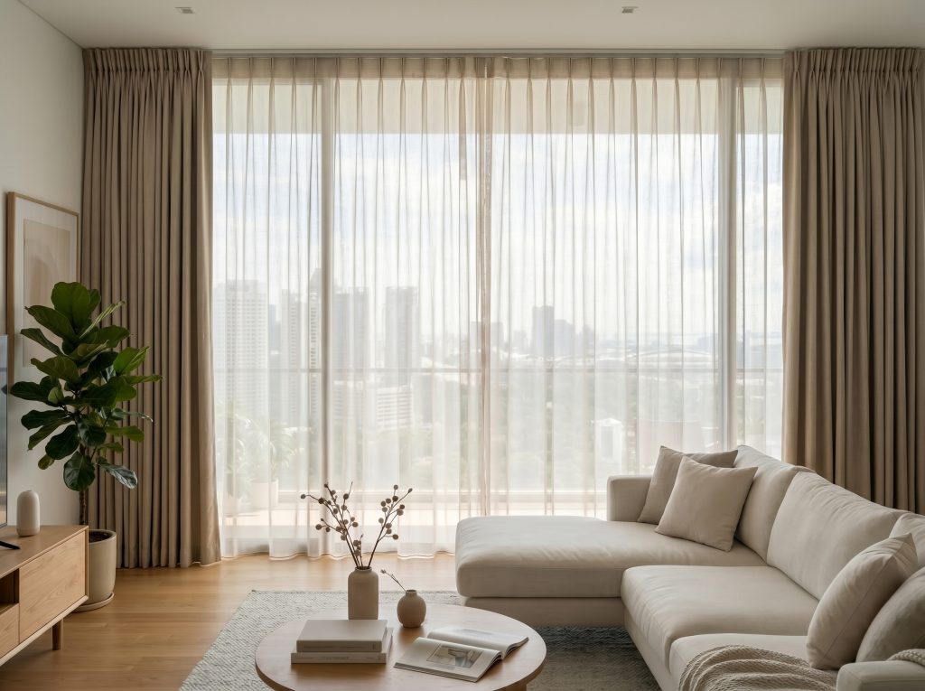 Elegant floor-to-ceiling custom curtains for a bedroom in Singapore, designed for privacy and style.