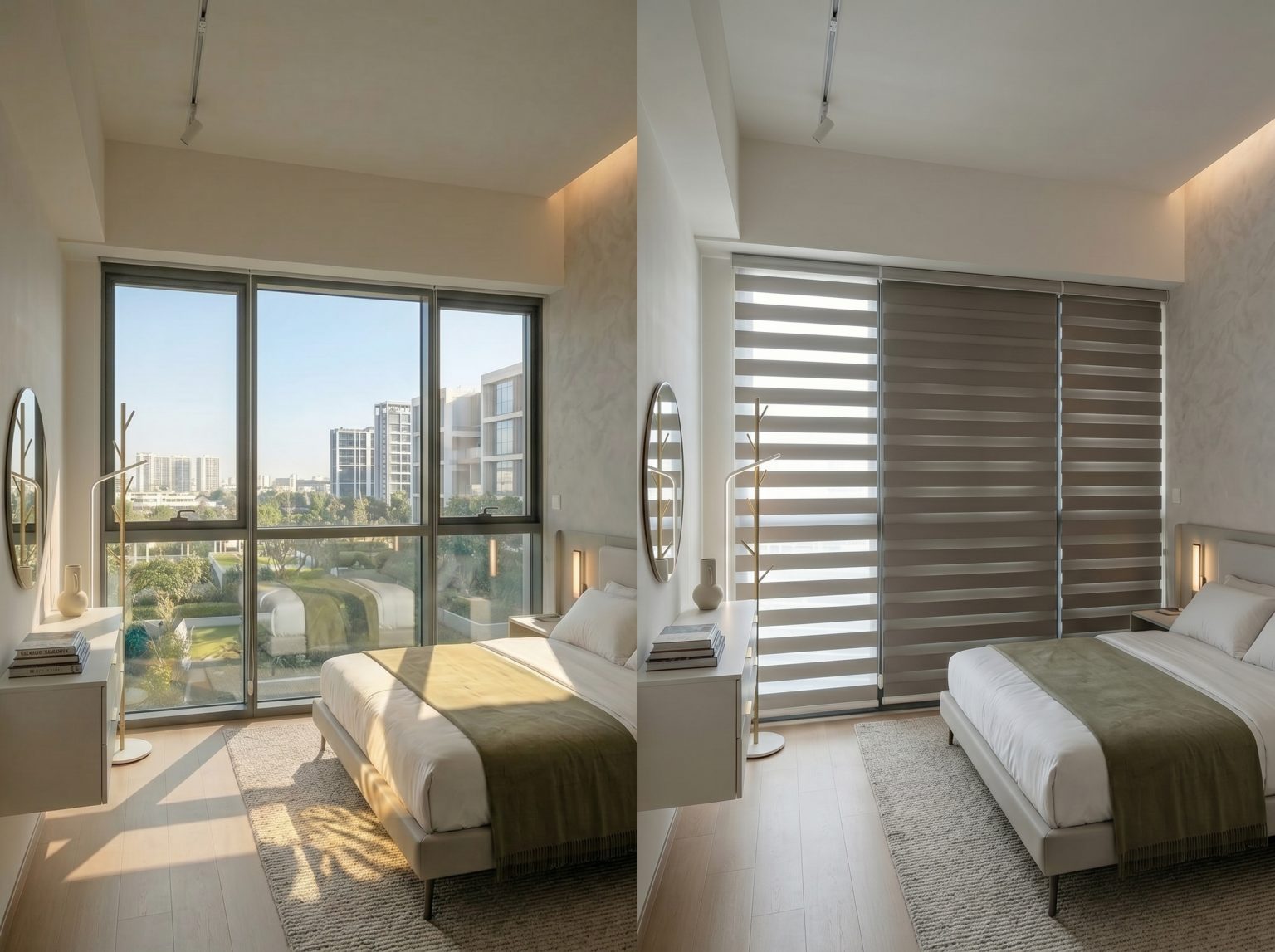 Modern bedroom with korean blinds offering adjustable privacy and sunlight protection in a Singapore apartment.