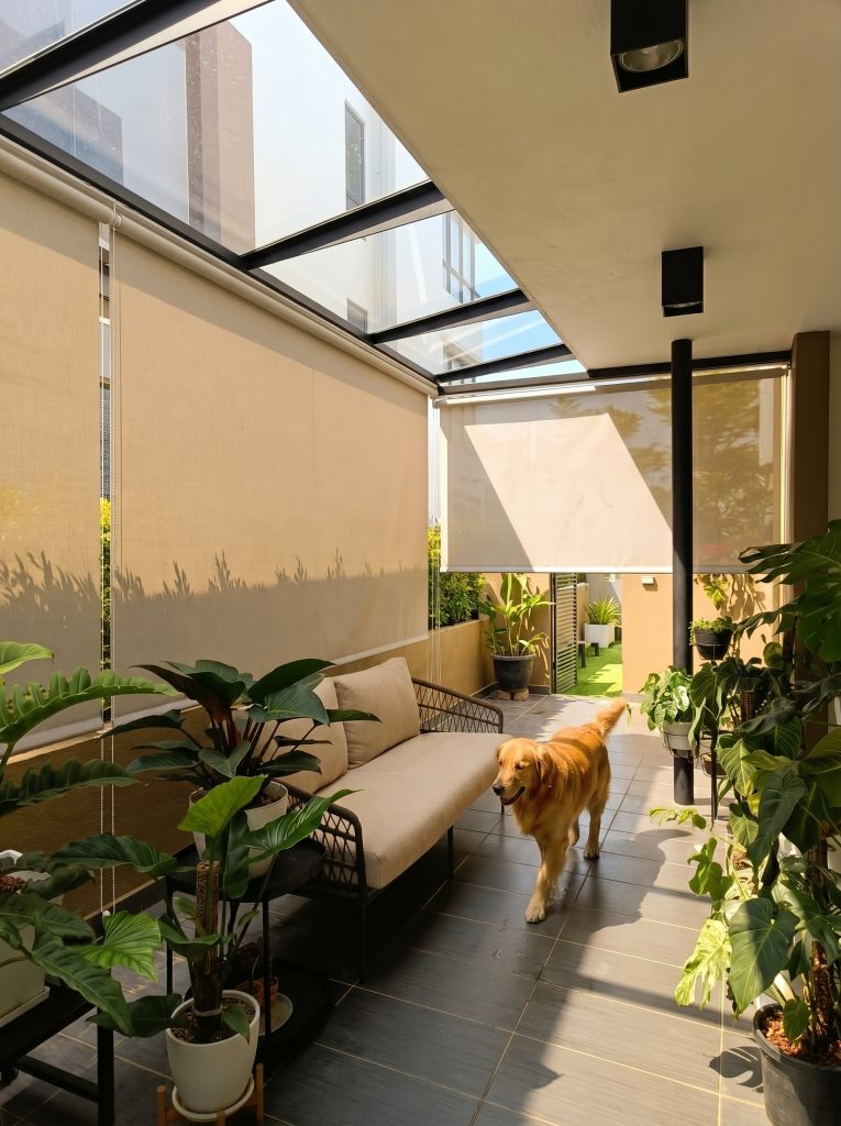 Patio blinds designed for heat reduction and sun protection in a Singapore landed home.
