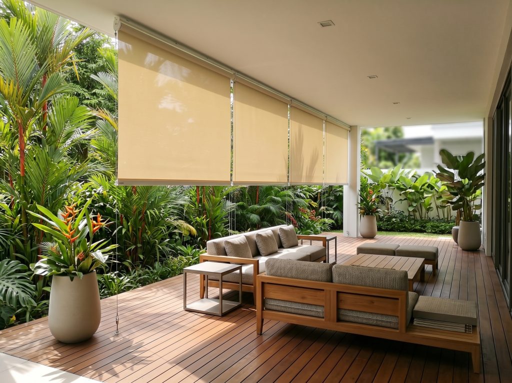 Heavy-duty, durable outdoor roller blinds protecting the balcony from Singapore's heat and rain.
