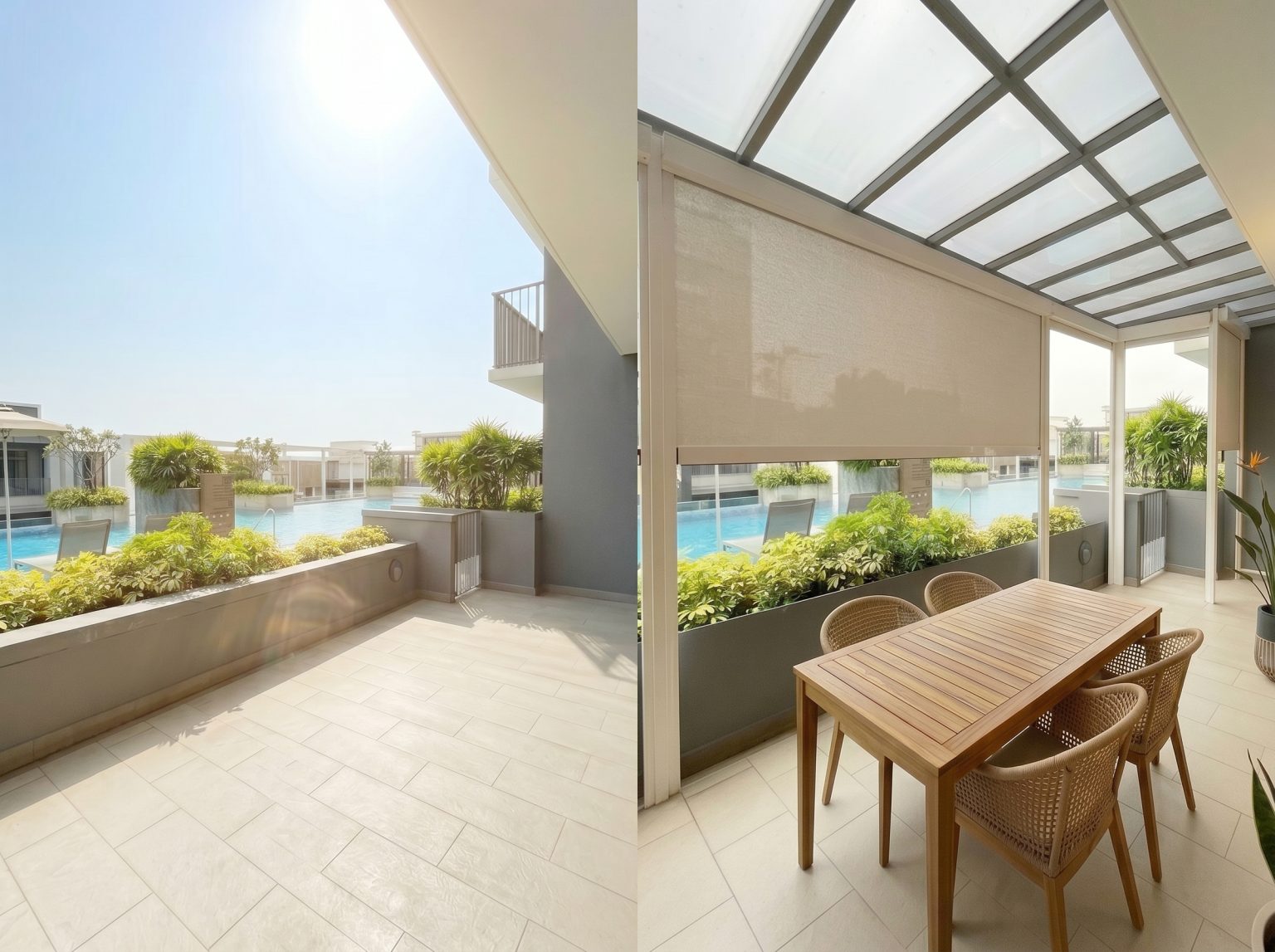 Outdoor patio with ZipScreen for heat, wind and glare protection in a Singapore condominium.