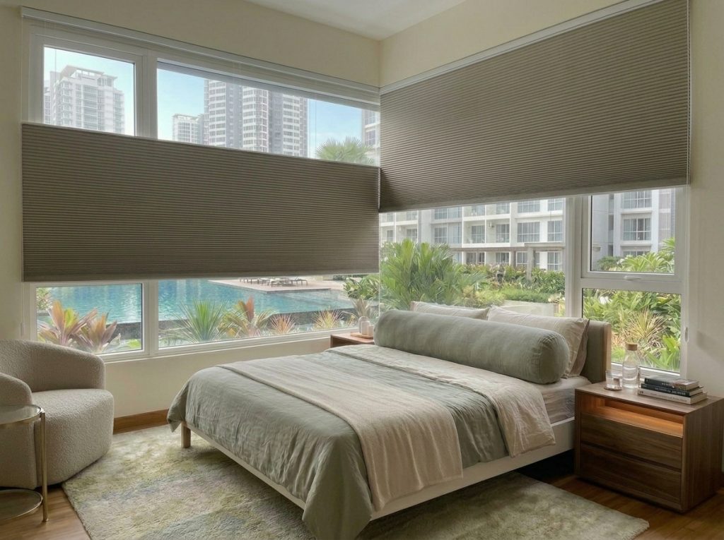 Modern, unique honeycomb blinds installed in a bedroom at a condominium in Singapore.