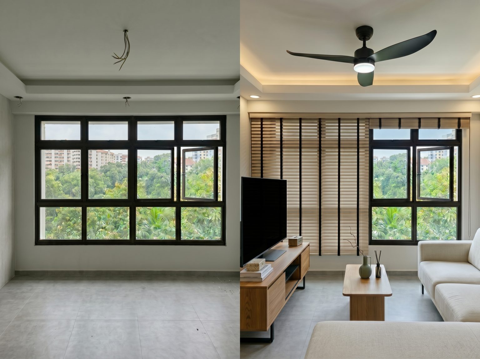 HDB living room featuring venetian blinds for a resort feel, glare protection and privacy.
