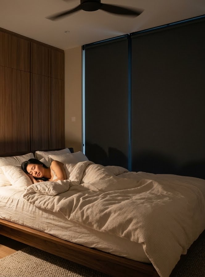 Blackout Roller Blinds Singapore providing total darkness for better sleep in a bedroom.