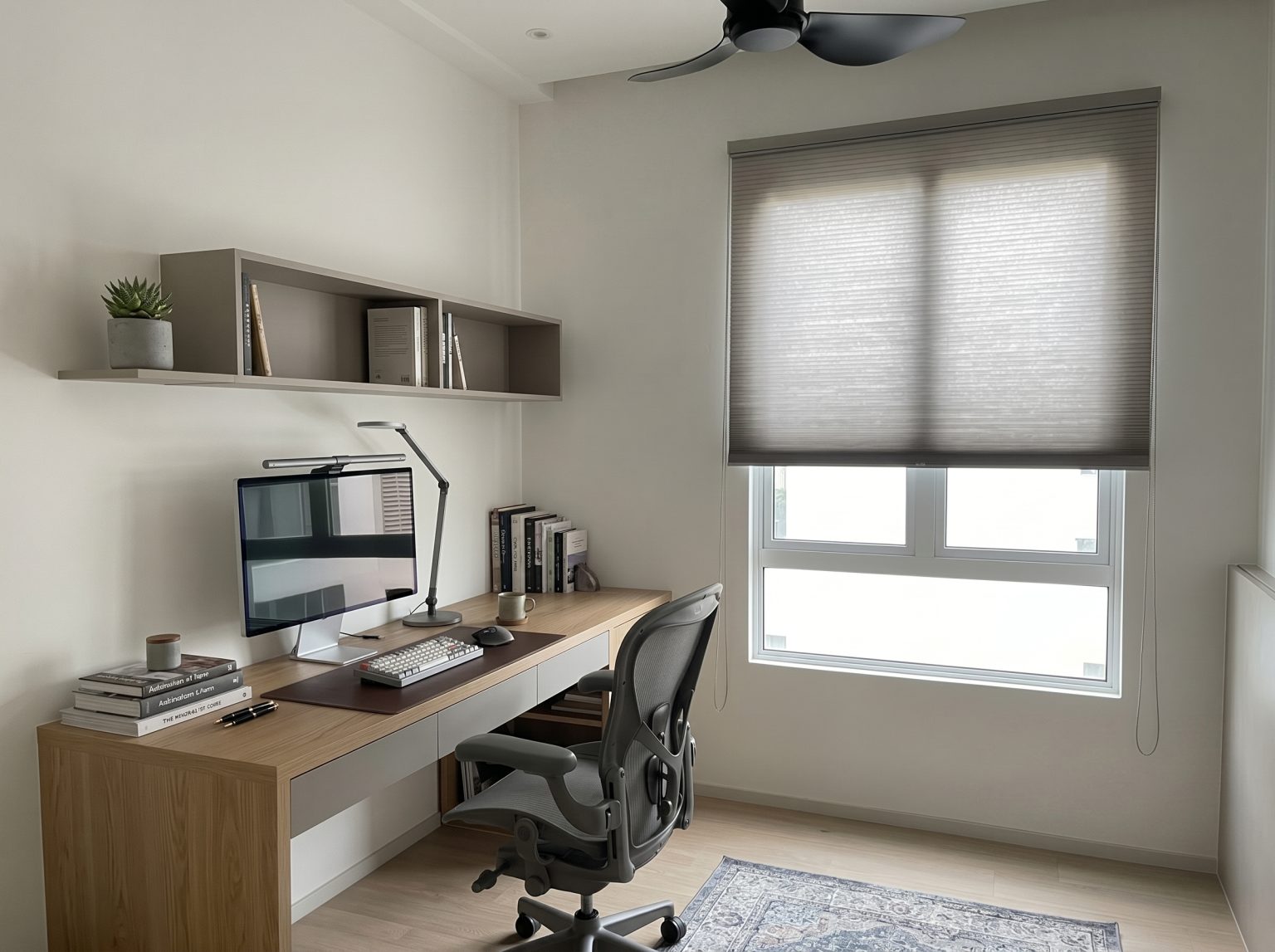 Single day energy-efficient blinds for a home study, reducing glare and external noise.