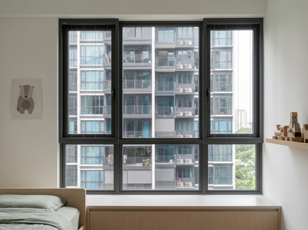 Safety grille HDB with a fixed frame design, perfect for securing a child's bedroom window.