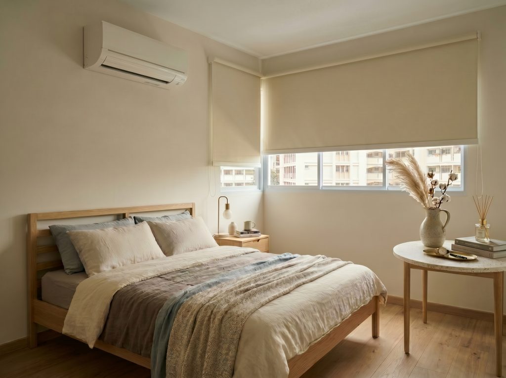 Custom Blackout Roller Blinds for HDB bedrooms to block heat and light.
