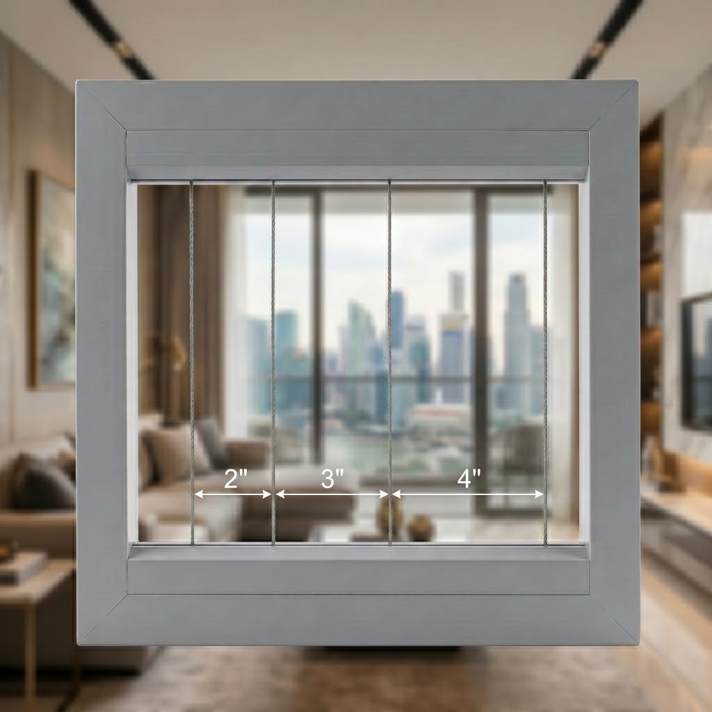 Detailed view of invisible window grille Singapore gap spacing for pet and child safety.