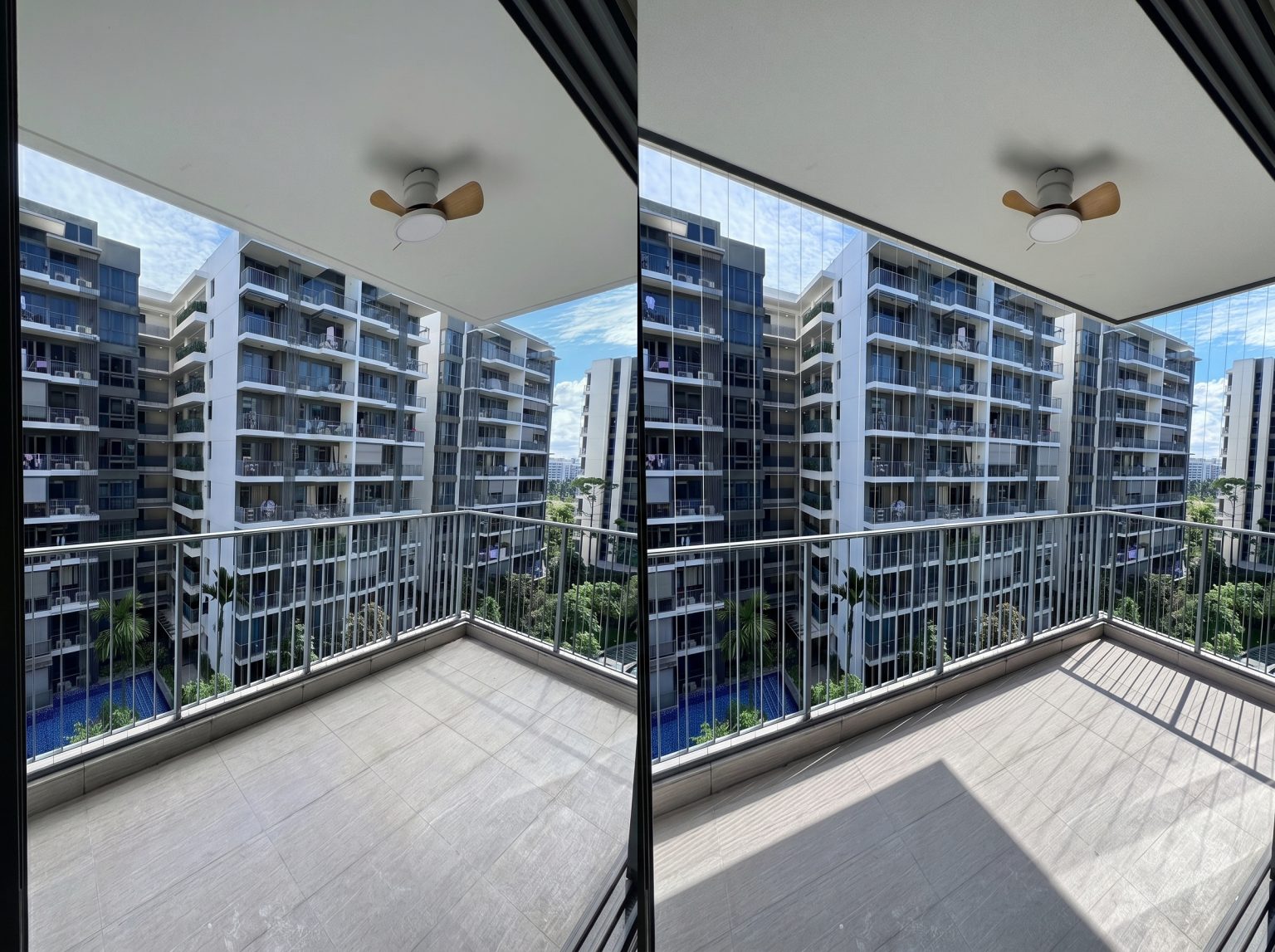High-rise balcony made safe for children and pets with invisible grilles, giving peace of mind to parents and pet owners.