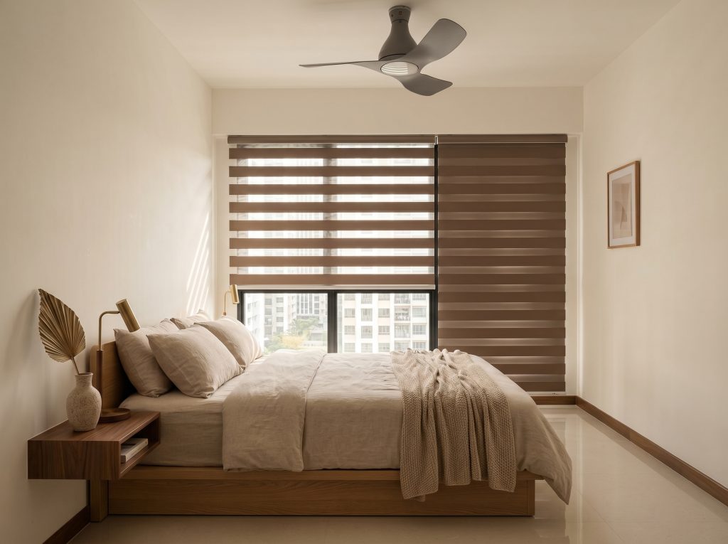 Minimalist bedroom featuring dual-layer Korean Blinds and custom blinds for seamless light control.