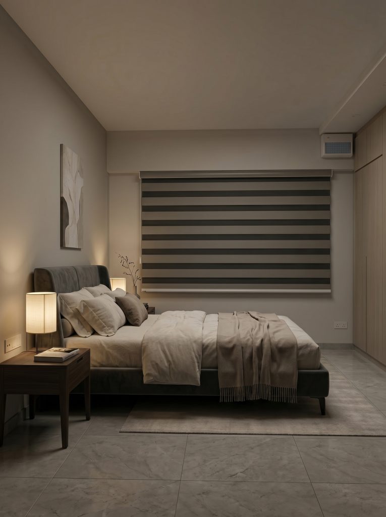Dark tone Korean Blinds Singapore featuring a dual-layer blackout system.