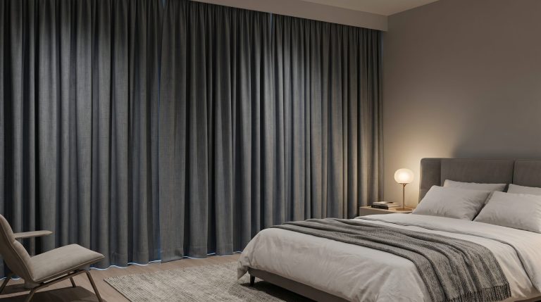 Motorized curtains Singapore with blackout fabric for smart home light control.