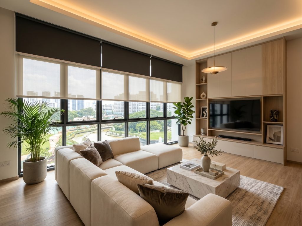 Motorized Roller Blinds Singapore in a dual day-night system for living halls.