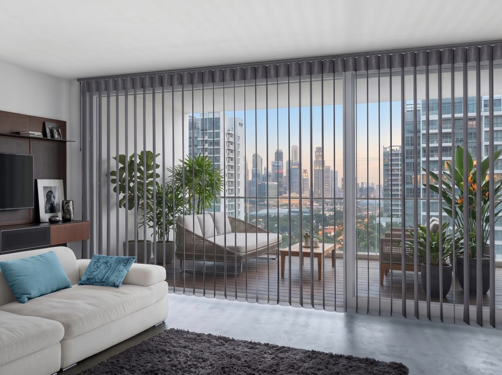 Organza Blinds in a Singapore condo providing easy balcony access and soft light filtration.