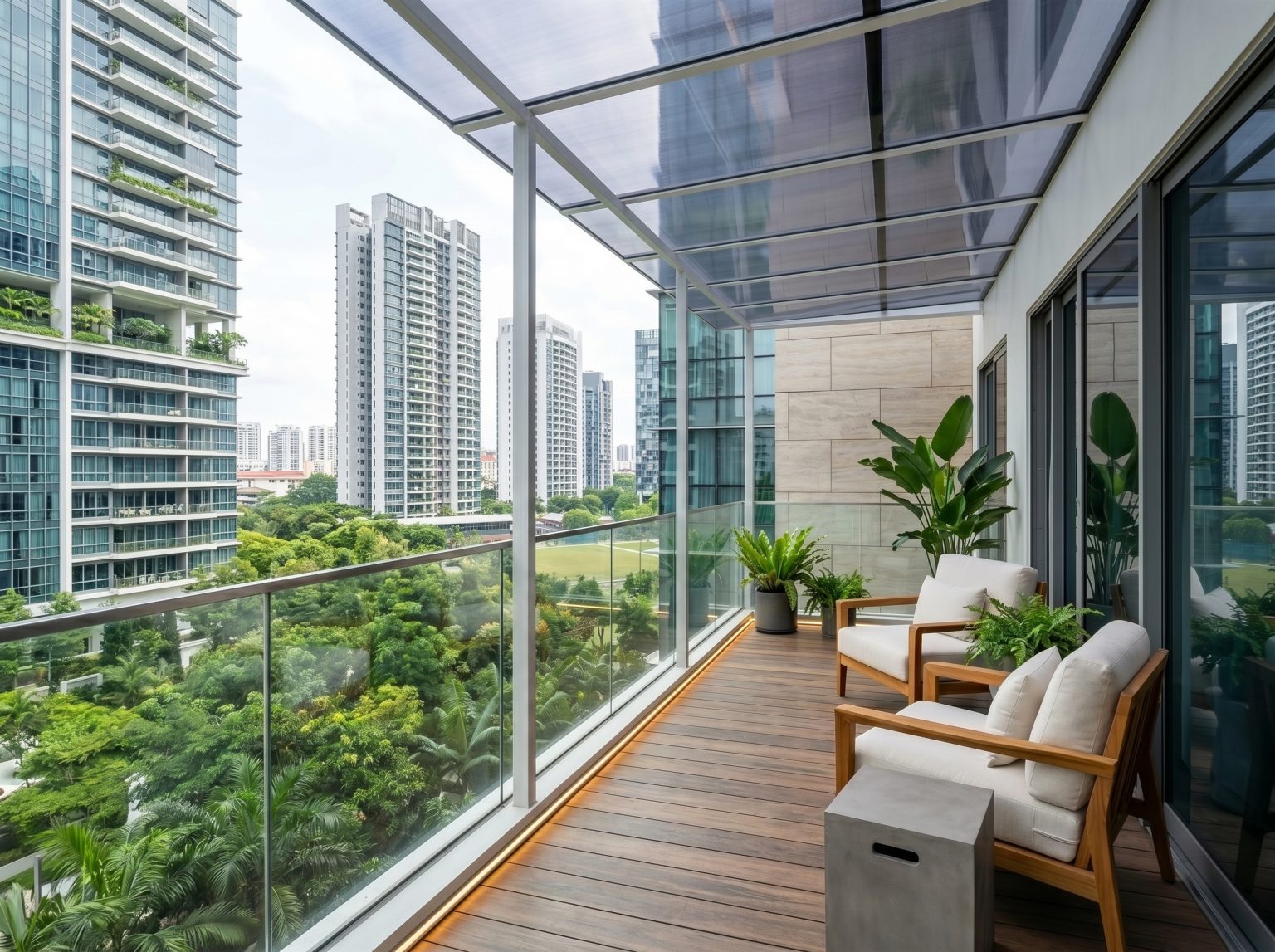 Polycarbonate outdoor roofing Singapore for balcony protection against rain and UV rays.