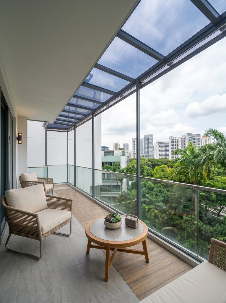 Polycarbonate roofing Singapore designed to reduce rain splash on condo balconies.