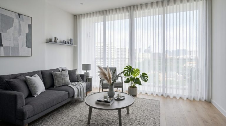 Minimalist S-fold sheer curtains for a contemporary Tampines condo bedroom.
