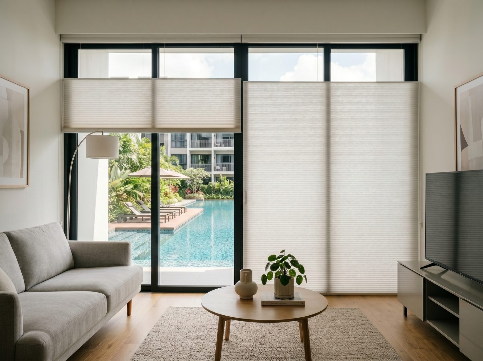 Soundproof window shades with top-down bottom-up function for ground floor privacy.