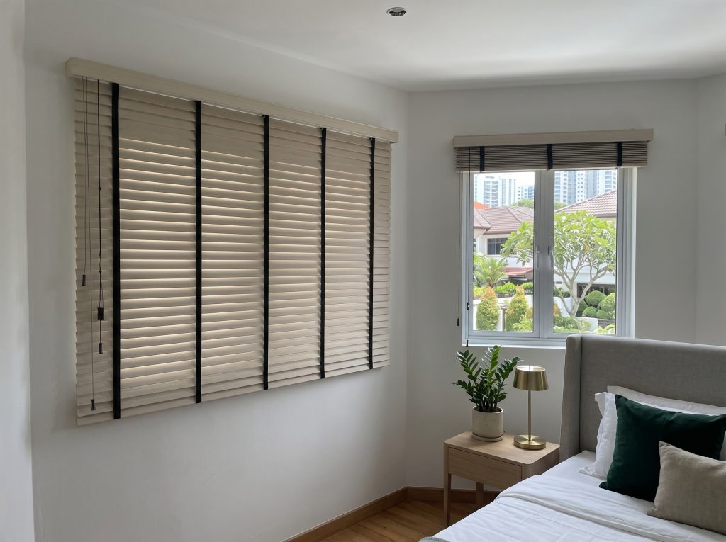 Premium Venetian Blinds and custom blind options alongside luxury curtains Singapore setups.