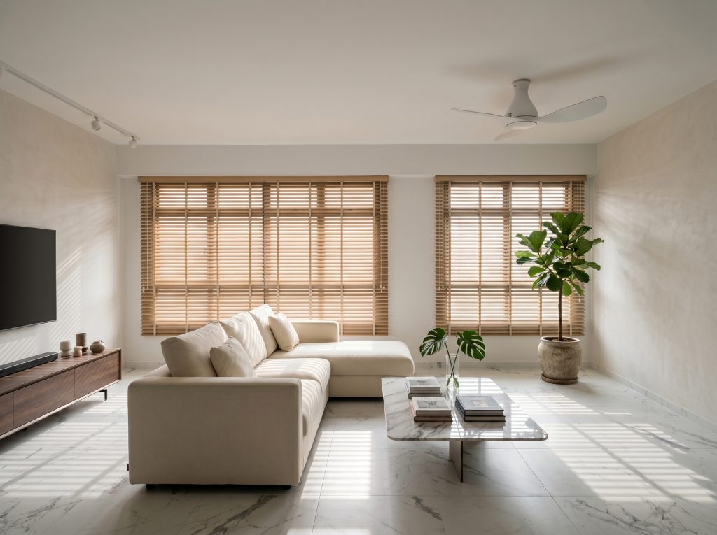 Large-scale Venetian Blinds Singapore for 5-room HDB living halls and bedrooms.