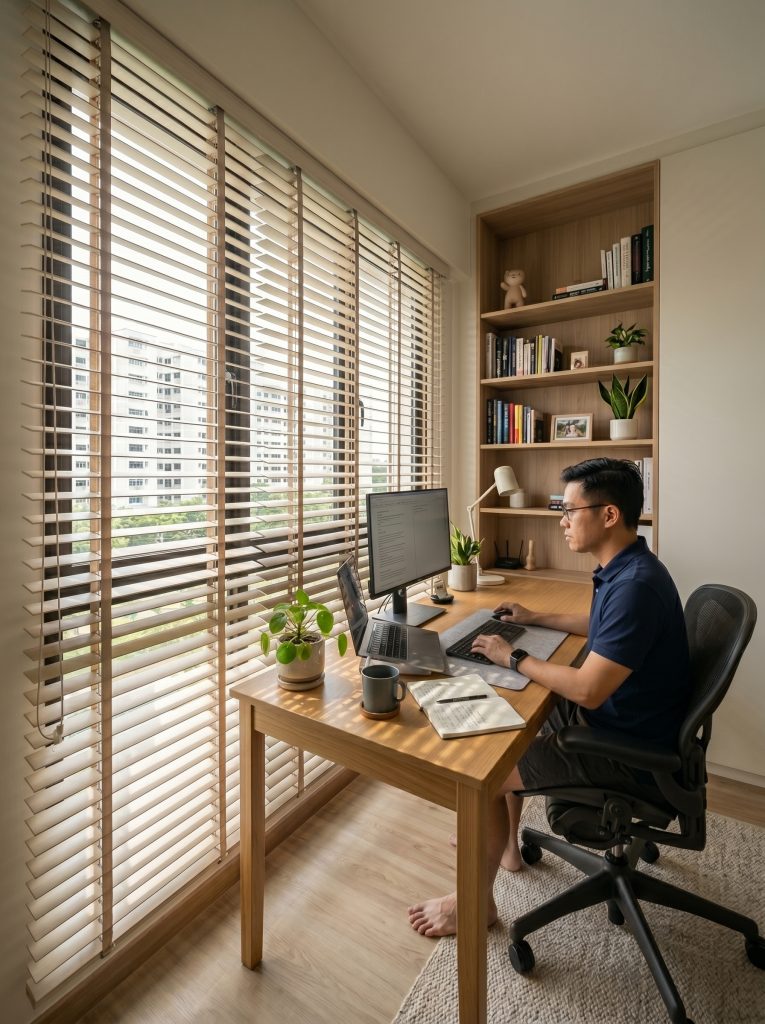 Venetian Blinds Singapore for a home office, providing adjustable light and privacy.