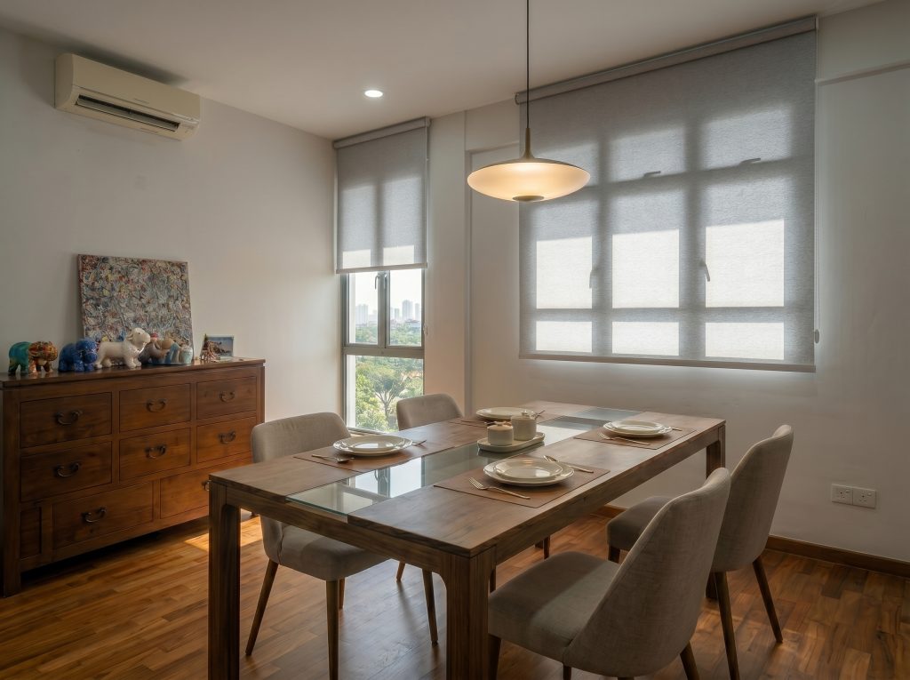 Minimalist Wabi Sabi style custom roller shades for Singapore dining areas.