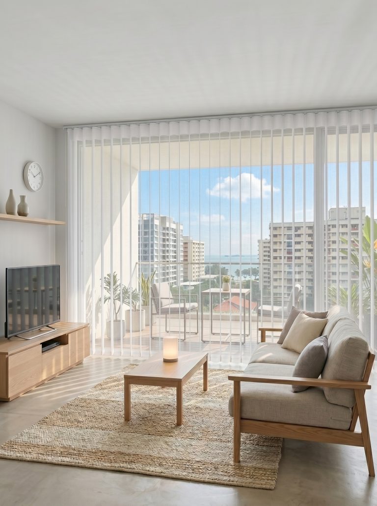 Through Curtains Innovative walk-through curtains in a condo living room, allowing easy passage between vanes.