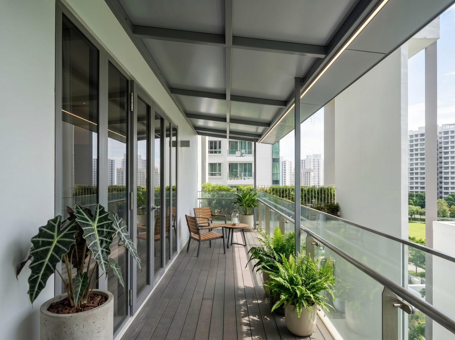 Weatherproof balcony roofing Singapore for high-rise condos using durable ACP panels.