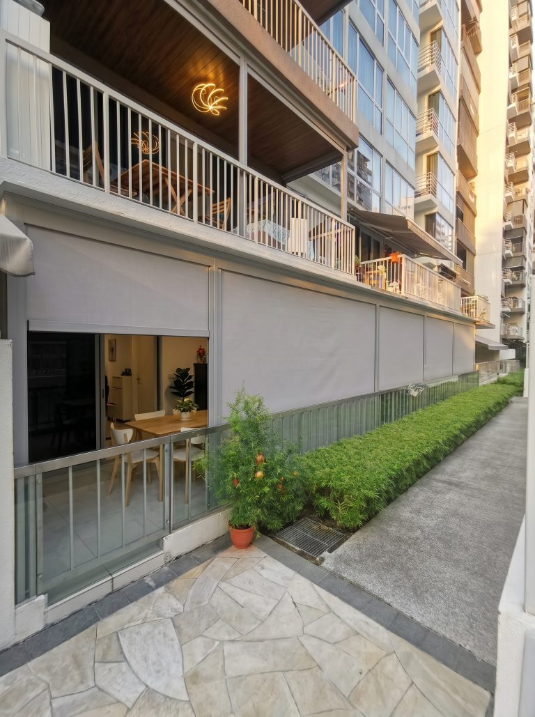 Heavy-duty Zip Blinds Singapore installed at Austville Residences for balcony wind protection.
