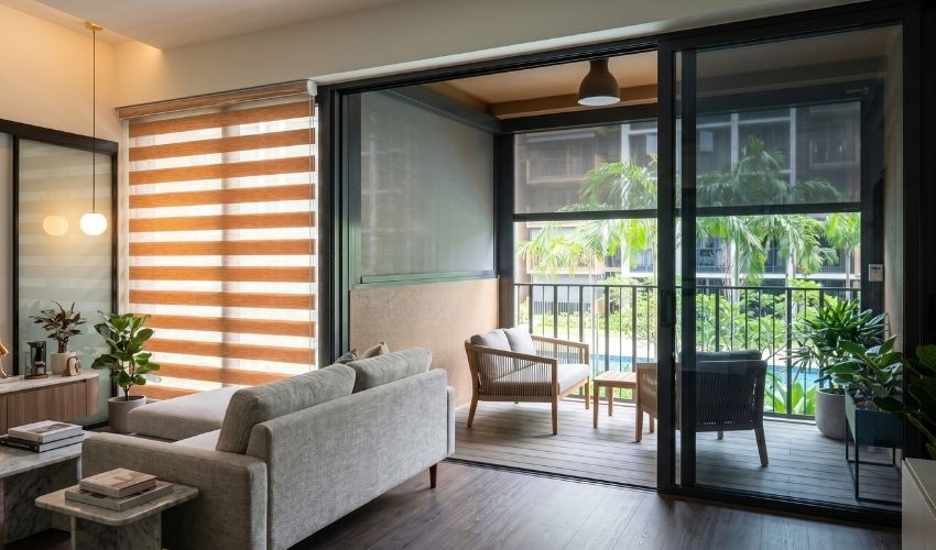 Ecohaus custom indoor Korean blinds and outdoor ZipScreen matching installation in a modern Singapore home.