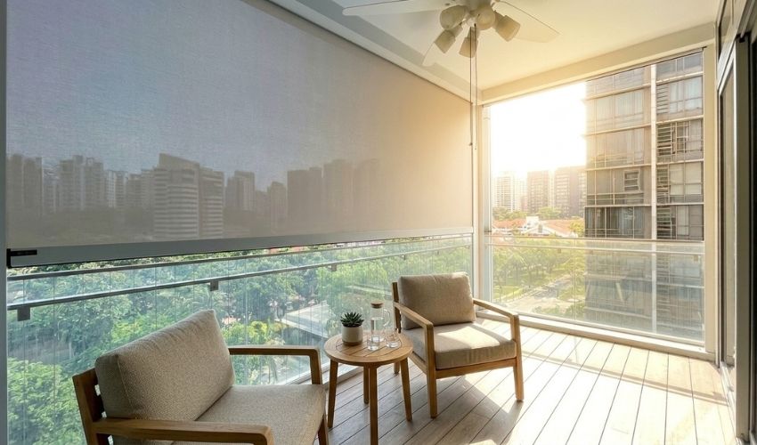 Premium motorized ZipScreen installed on a Singapore condo balcony protecting outdoor furniture from evening heat.