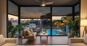 Premium outdoor ZipScreen blind installed on a luxury Singapore condominium balcony for heat and light control