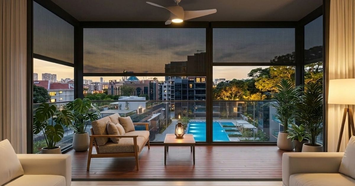 Premium outdoor ZipScreen blind installed on a luxury Singapore condominium balcony for heat and light control