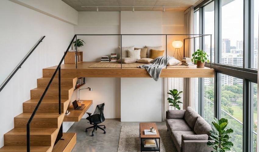 Loft deck installed in a Singapore HDB flat with high ceilings, used as a kids' play area or home office