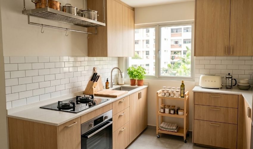 Ceiling-hung pot rack and mobile kitchen trolley in a small HDB kitchen in Singapore