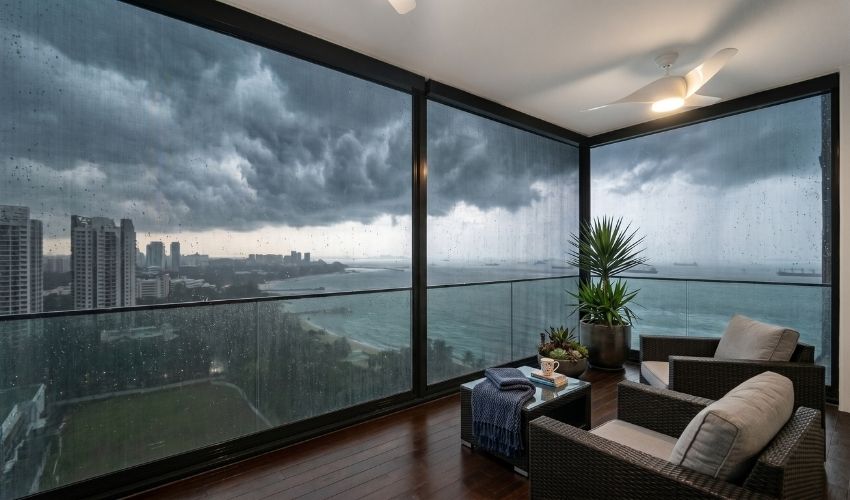 Wind-resistant ZipScreen outdoor blind system remaining taut during a monsoon storm on a high-rise Singapore balcony.