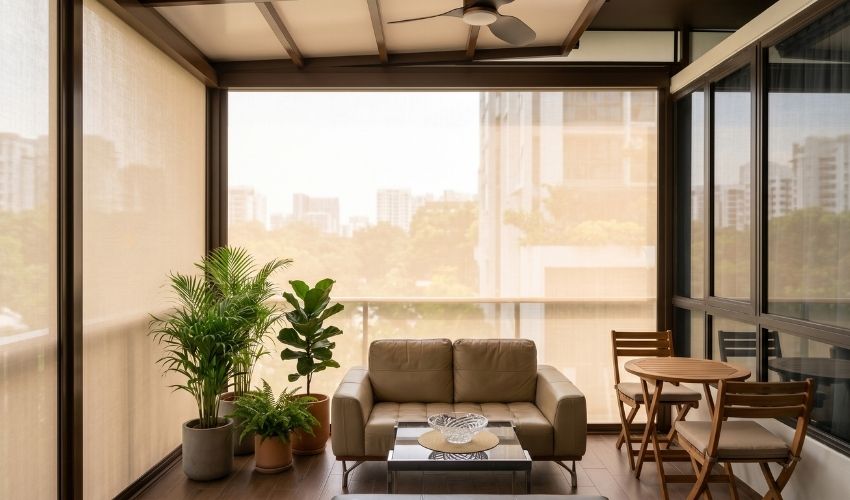 ZipScreen outdoor blinds installed on a Singapore condo balcony, blocking UV rays, wind, and rain