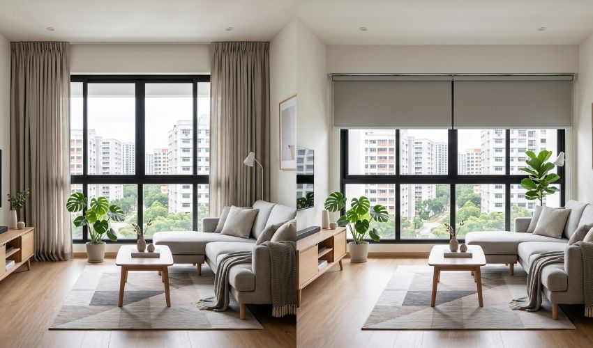 Curtains and blinds comparison inside a modern Punggol BTO flat in Singapore.
