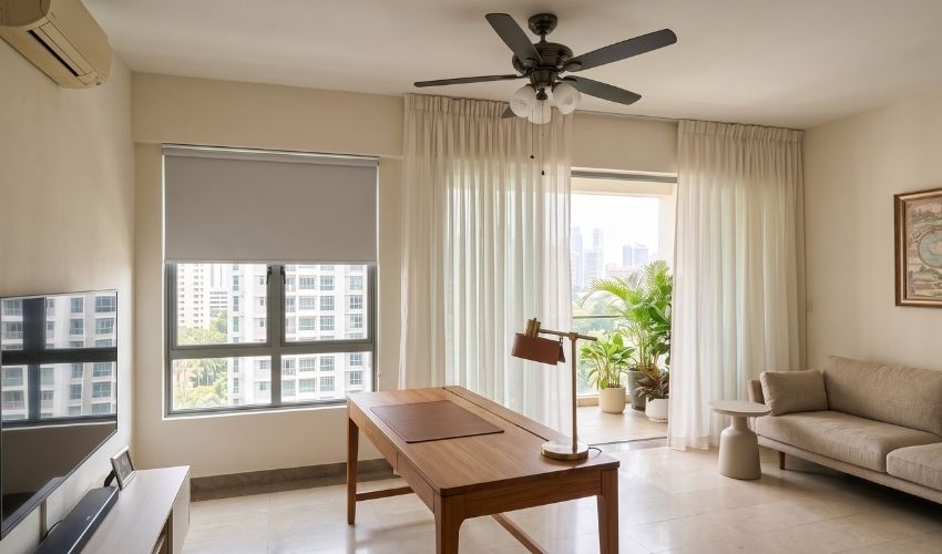 Curtains in the living room and roller blinds in the study of a Bukit Batok home, Singapore.