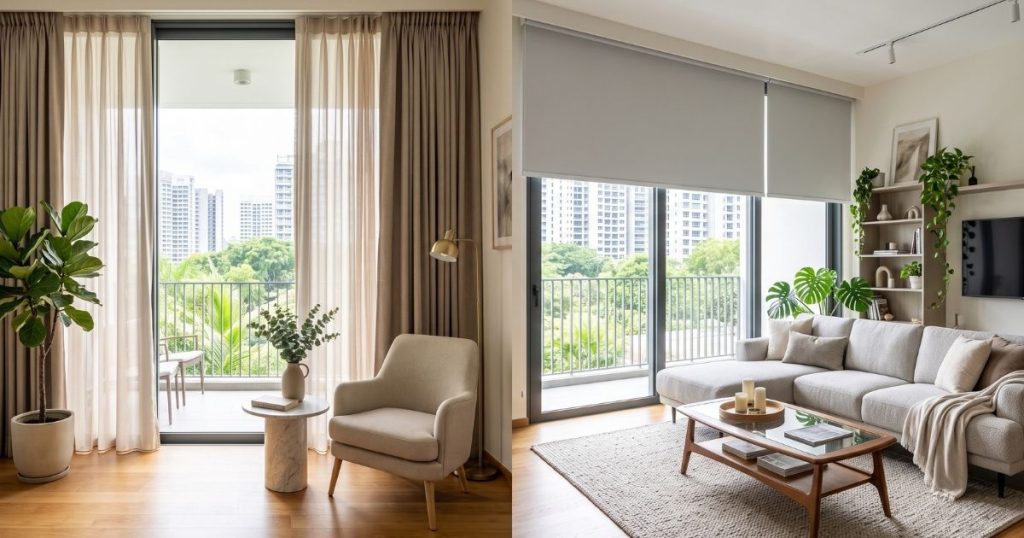 Curtains and roller blinds in a modern condominium living room in Bishan, Singapore.