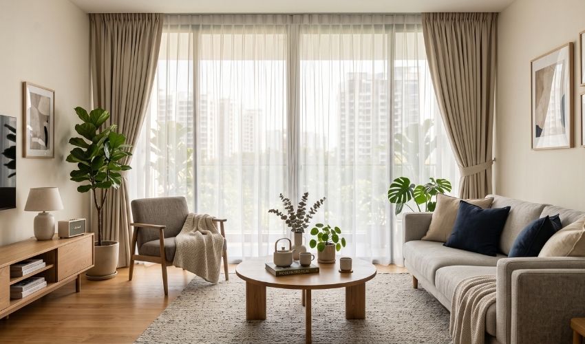 Sheer day and blackout curtains in a luxury Orchard condominium, Singapore.